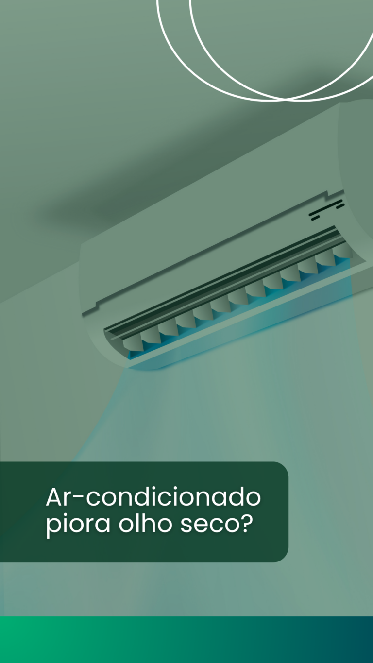 Ar-condicionado piora olho seco? Ambientes climatizados costumam apresentar baixa umidade do ar, favorecendo a evaporação das lágrimas.
